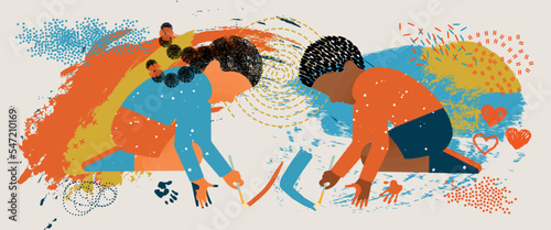 diversity people - black boy and latin girl playing paint - colored background