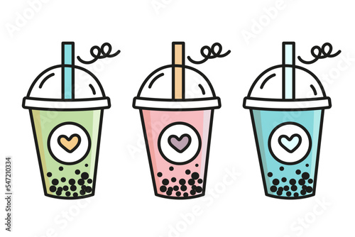 Set of 3 bubble tea cups colored simple vector illustration isolated on white background