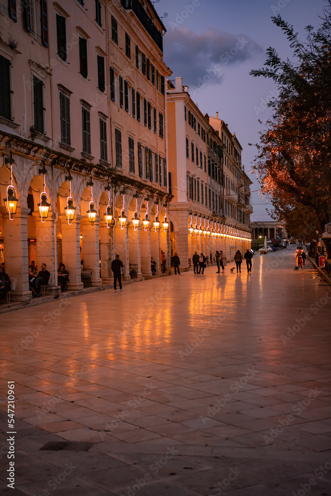 CORFU, GREECE - December 10, 2021:  photo of illuminated festive view in corfu town and Christmas fair and market,Greece.