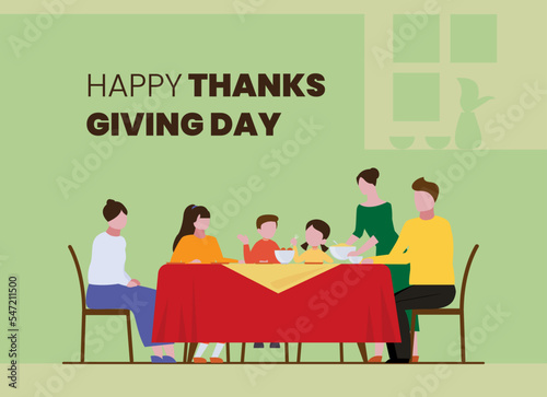 Happy thanks giving family gettogether, vector illustration, greeting card, social media post, banner, poster, flyer, decoration card, invitation card, Calligraphic design 