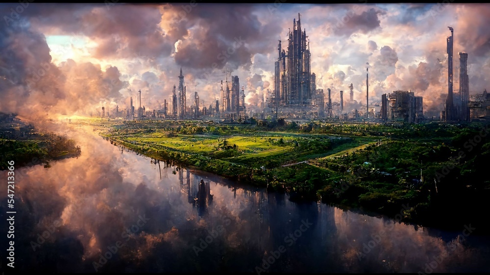 Post apocalyptic utopia where mankind in in harmony with nature v4