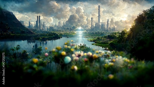 Post apocalyptic utopia where mankind in in harmony with nature photo