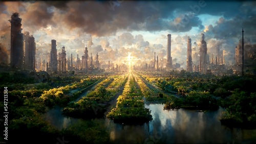 Post apocalyptic utopia where mankind in in harmony with nature v2 photo