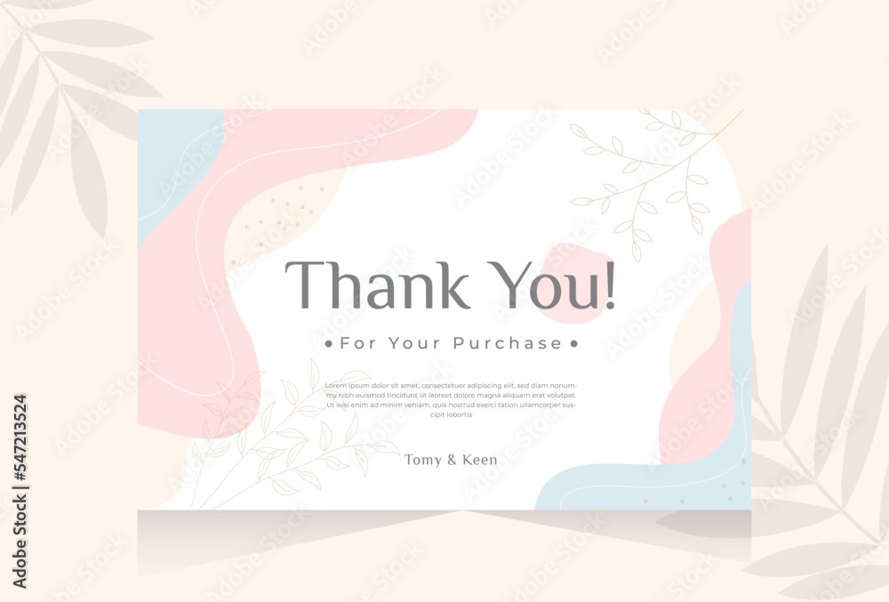 Thank you for purchase card with hand drawn flower abstract shape pastel background template