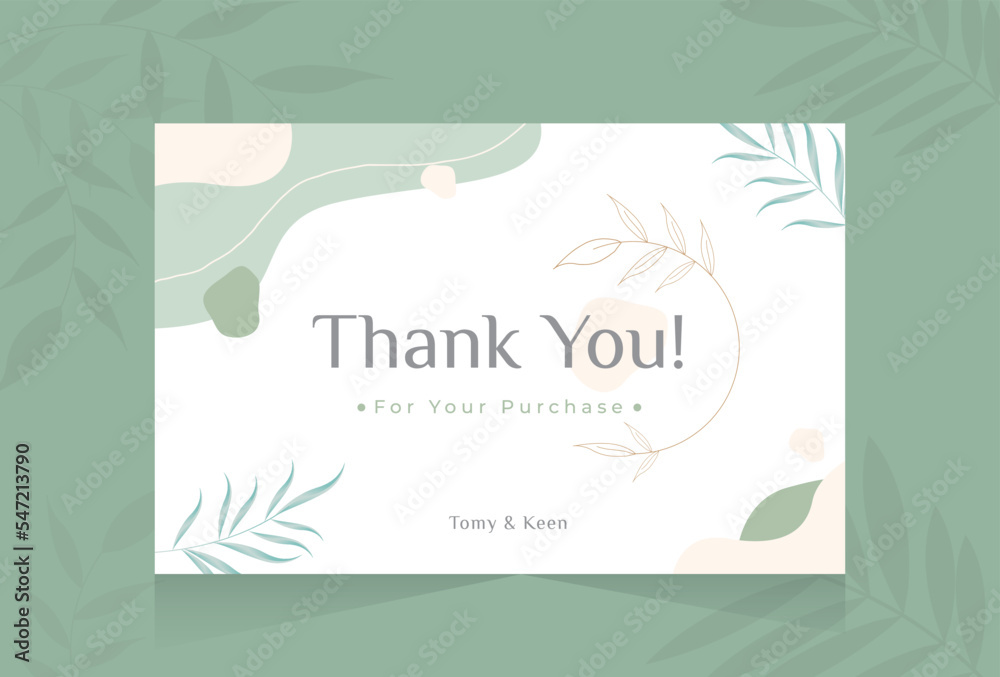Thank you for purchase card with hand drawn flower abstract shape pastel green background template