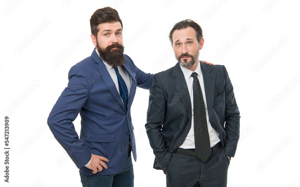 business meeting. team success. mature men have own business. bearded businessmen in formal suit. collaboration and teamwork. partnership of boss men isolated on white. building a team. team building