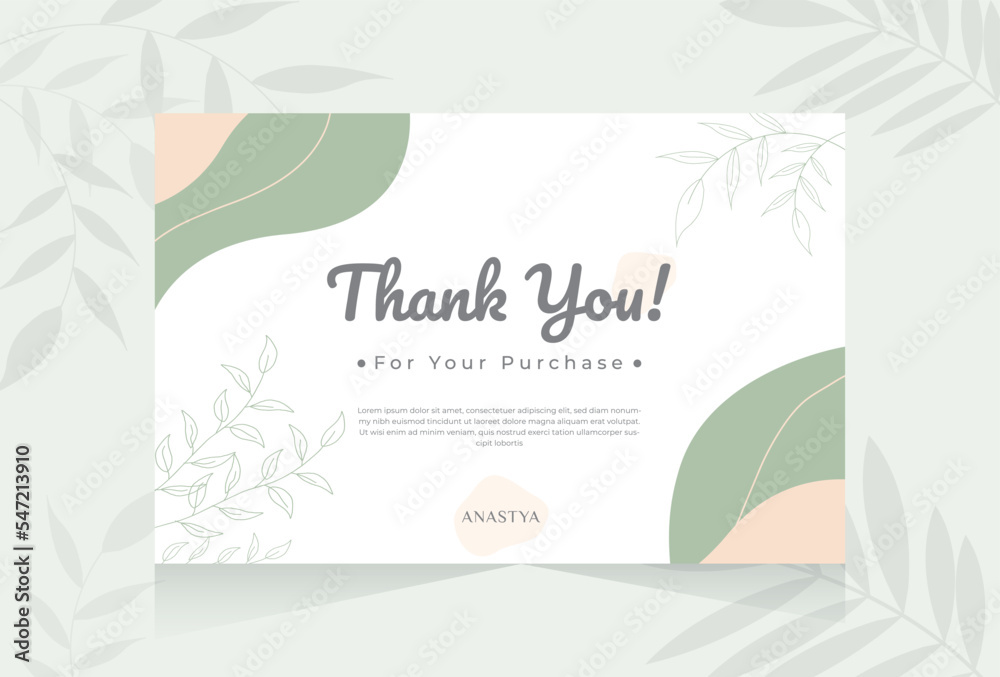 Thank you card design with hand drawn flower abstract shape pastel green background template