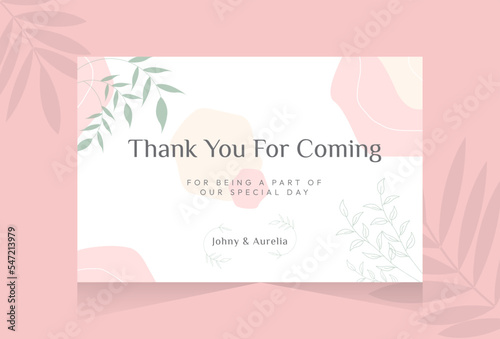 Thank you card design with hand drawn flower abstract shape pink background template