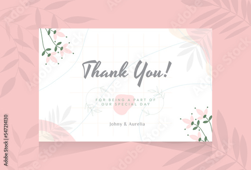 Thank you card design with hand drawn flower abstract shape pink background template