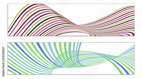 Wavy lines or ribbons. Set of 2 covers. Multicolored striped. Creative unusual background with abstract wave lines for creating a trendy banner, poster. vector eps