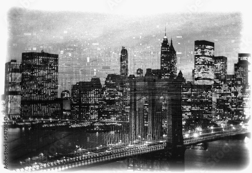 Canvas Print A modern abstract of New York City and Brooklyn Bridge with the evening mist des