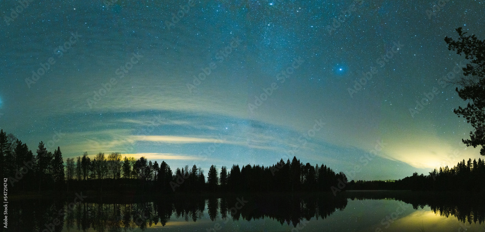 Milkyway panorame shot by lake in Finland