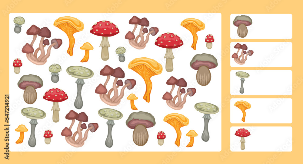 Vector biology template for preschool games. I spy game. Childrens educational fun. Count how many mushrooms.