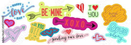 Valentines day, Wedding, Love pattern. Lettering, stickers. Multicoloured font, hearts designs.