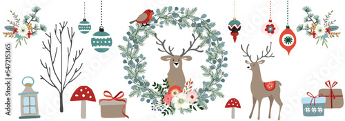 Foto Christmas, Holiday, New year pattern with deers, flowers, gift boxes