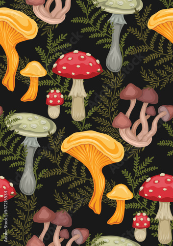 Vector seamless pattern with colorful cartoon poisonous mushrooms and fern stems on dark background. Amanita, false mushrooms and herbals.