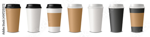 Set of realistic paper coffee cups on white background. Empty clean paper collection. Coffee cup Mockup. 3D vector mockup. Vector EPS 10