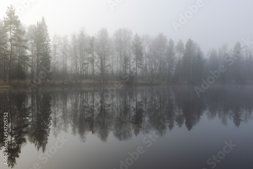 Foggy and cold late autumn morning by the lake in Finland