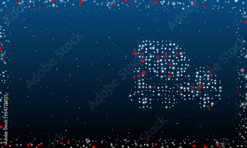 On the right is the concrete mixer truck symbol filled with white dots. Abstract futuristic frame of dots and circles. Vector illustration on blue background with stars