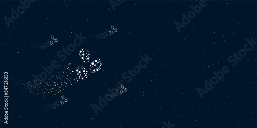 A coffee beans symbol filled with dots flies through the stars leaving a trail behind. There are four small symbols around. Vector illustration on dark blue background with stars