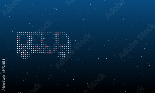 On the left is the bus symbol filled with white dots. Background pattern from dots and circles of different shades. Vector illustration on blue background with stars
