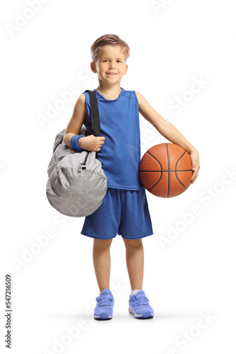 Full length portrait of a boy with basketball carrying a sportsbag