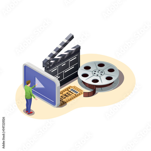 concept guy watching online video, vector isometric illustration for video hosting