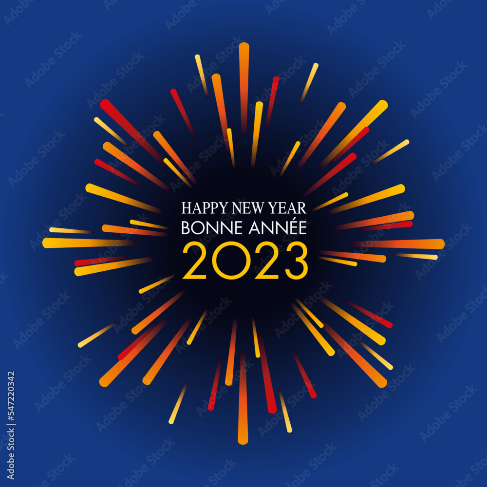 Fototapeta premium Carte de vœux 2023, dynamique et festive, avec un feu d’artifice aux couleurs chaudes sur un fond noir pour fêter la nouvelle année.