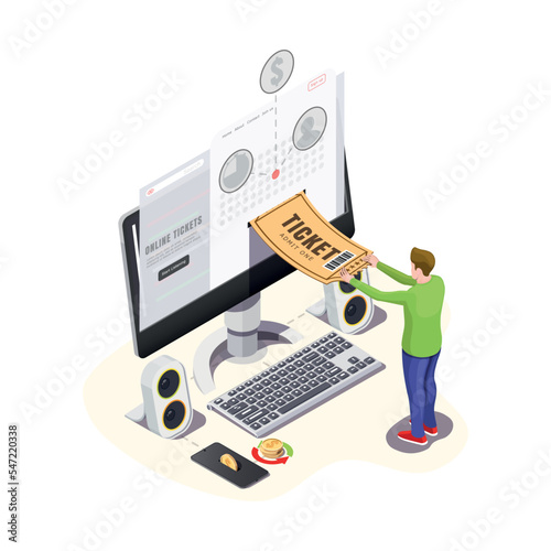 the young guy doing an online ticket purchase on a computer. Vector stock illustration
