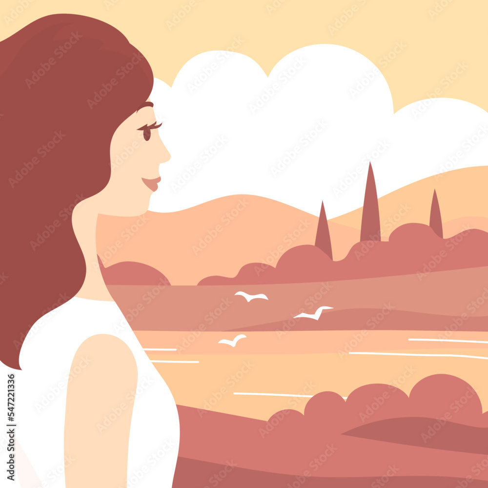 Young woman relaxing in nature. Summer italian landscape of nature. Panorama with forest, cypress, fields, sky and lake. Rural scener. Flat vector illustration for poster, postcard, background