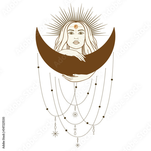 Hand drawn mystical woman with Sun, Moon, star in line art. Spiritual abstract silhouette young woman. Magic profile, esoteric talisman. Vector illustration isolated on white background