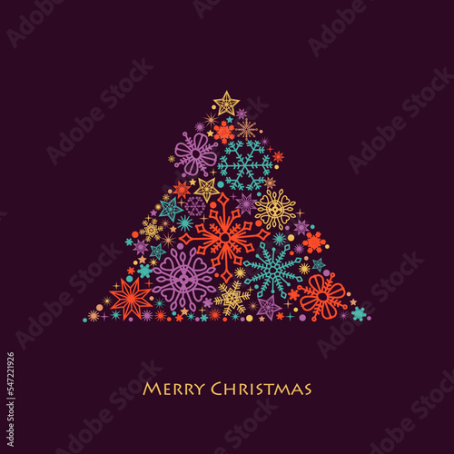 Snowflakes Christmas tree in bright traditional colors