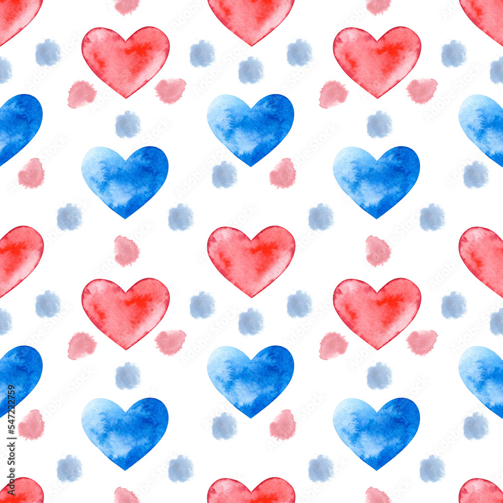 Valentine's day. Seamless pattern on a white background and watercolor hearts, spots and dots hand-drawn in watercolor. Suitable for printing on fabric, wallpaper, postcards and scrapbooking.
