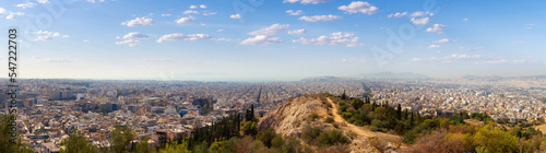 Panoramic View of Cityscape from top of Philopappos Hill, Athens, Greece. Cloudy Sky Art Render.