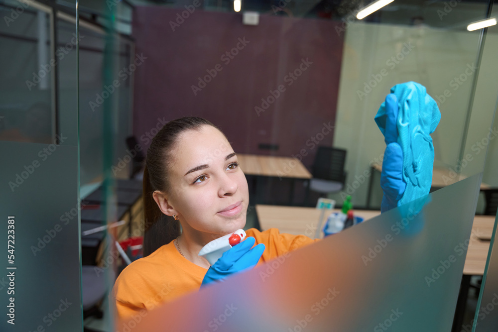 Joyous female cleaner using wipe and spray solution for glass Stock