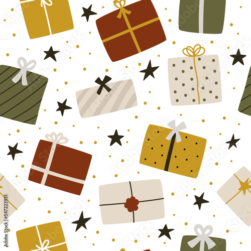 Cute hand-drawn gift boxes in hygge colors for the winter holidays. Seamless pattern for a gift on fabric or paper for friends and family for Christmas and New Year