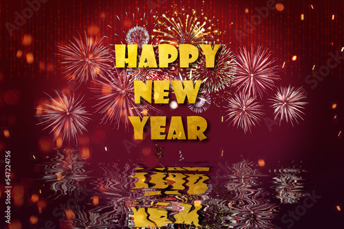 Happy New Year lettering typography line in gold design on red background