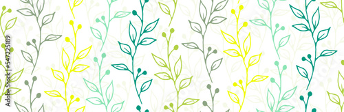 Berry bush branches hand drawn vector seamless background. Boho floral fabric print. Wild plants leaves and blossom wallpaper. Berry bush sprigs growing endless design
