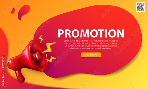 Editable template of landing page with 3d red shouting megaphone, qr code, text and button. Bright promotion banner with three dimensional realistic loudspeaker, bullhorn, loudhailer.