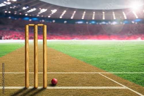 Cricket Leather Ball and Wickets in Stadium With Copy Space