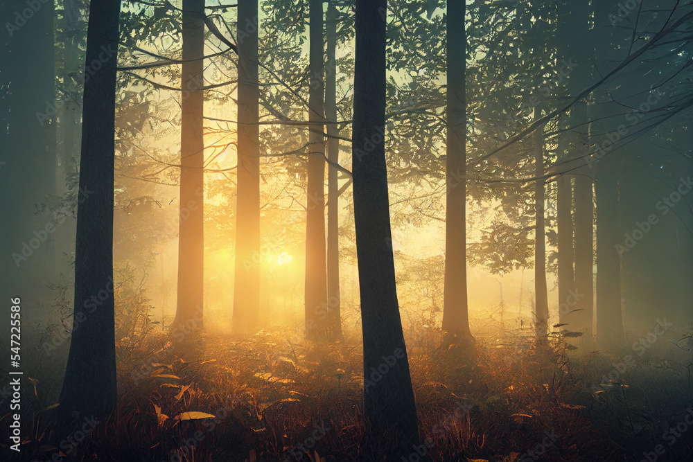 Obraz premium Misty Foggy morning in the forest