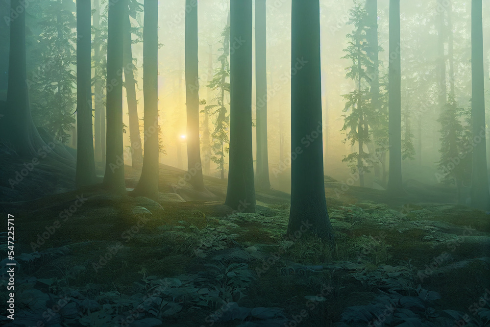 Fototapeta premium Misty Foggy morning in the forest
