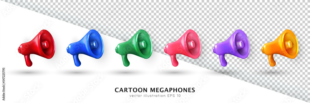 Set of colorful 3d megaphones isolated on white and transparent background. 3d rendering multicolored vector loudspeakers for announcement. Realistic portable bullhorn, loudhailer, speaking trumpet Set of colorful 3d megaphones isolated on white and transparent background. 3d rendering multicolored vector loudspeakers for announcement. Realistic portable bullhorn, loudhailer, speaking trumpet
