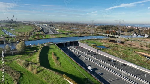 Aqueduct Vechtzicht Muiden in The Netherlands. Infrastructure road, highway. river, waterway crossing and tunnel. connection between Diemen and Almere. Aerial drone view. photo
