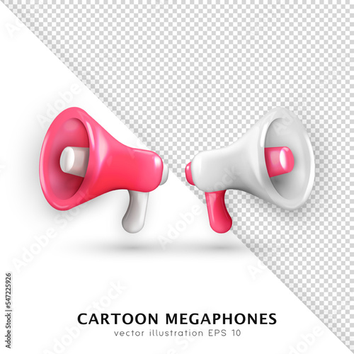 White and pink 3d glossy megaphones isolated on white and transparent background. Three dimensional vector loudspeakers for announcement. Realistic portable bullhorn, loudhailer, speaking trumpet