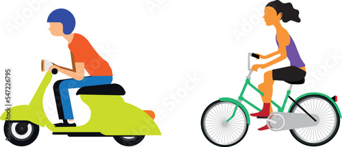 City transport. People driving cars scooter bike hoverboard segway urban activity people lifestyle vector set. Urban active, drive and scooter, ride transportation 