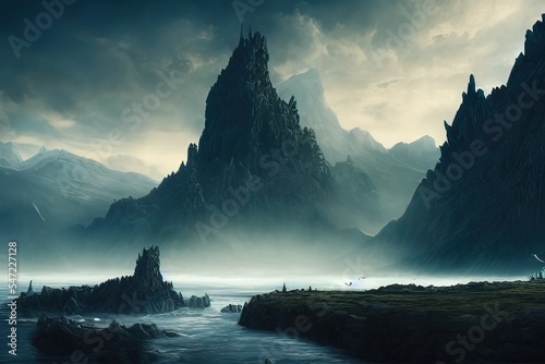 fantasy rock mountain lake and river in concept Norse Mythology