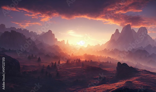 fantasy rock mountain in Norse Mythology, sunset