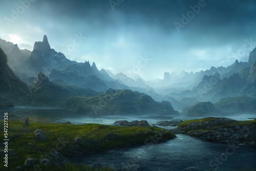 fantasy rock mountain lake and river in concept Norse Mythology