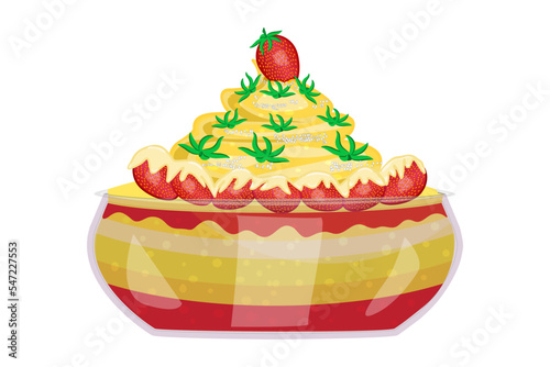 Panna cotta isolated on white background.Sweet dessert with strawberries, mint and cream in glass bowl.Cream pudding, cake, pastry or fruit parfait with fresh berries and jam layer.Vector illustration